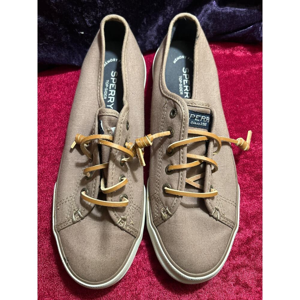 Sperry Top-Sider Sneaker Shoes Taupe Sz 8, Leather Lace Slip on Memory Foam
